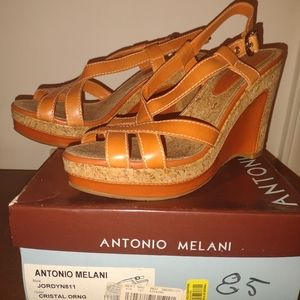 Antonio Melani size 8.5 cork/leather orange wedge sandals.